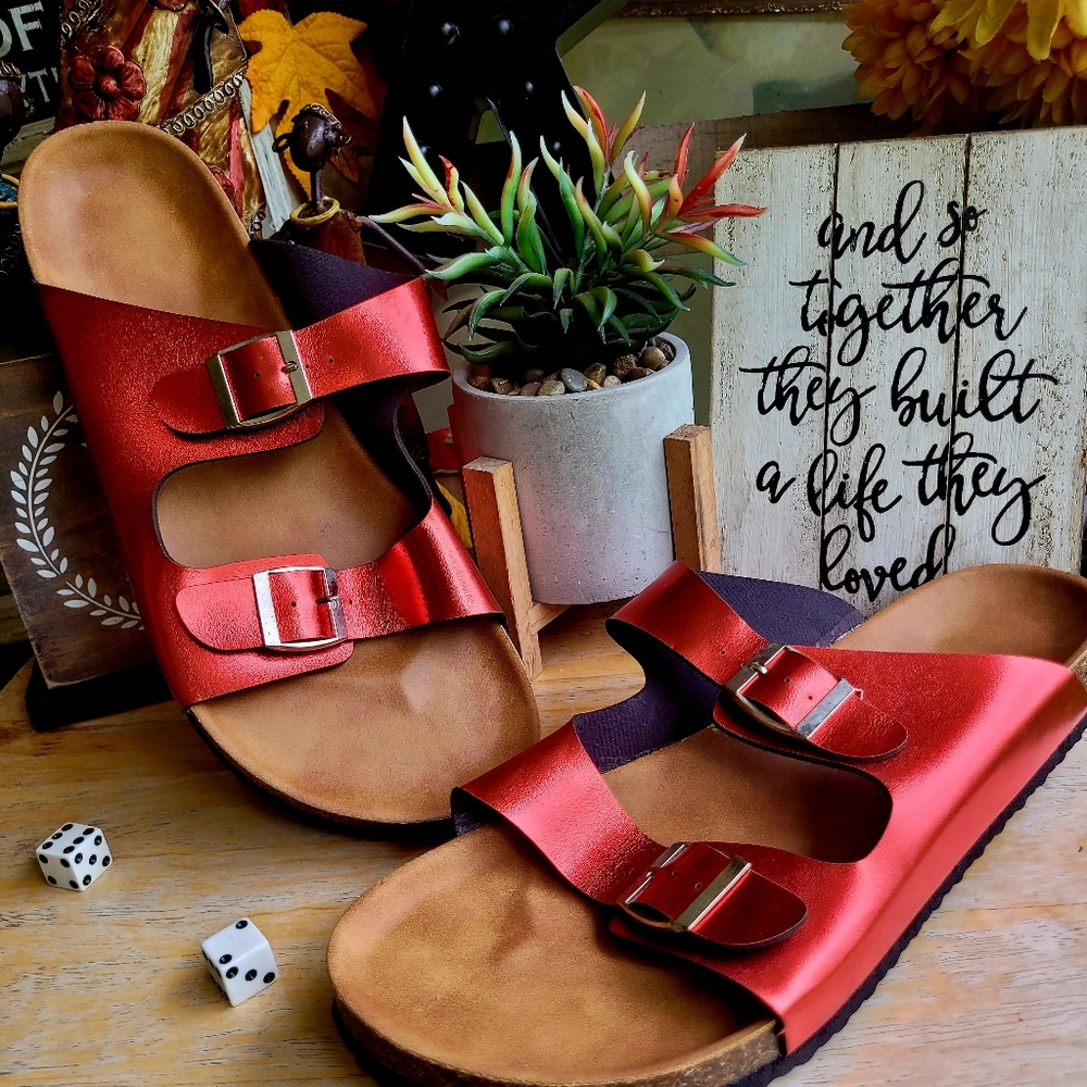 Metallic Red Two Band Sandals - Picture 3 of 9